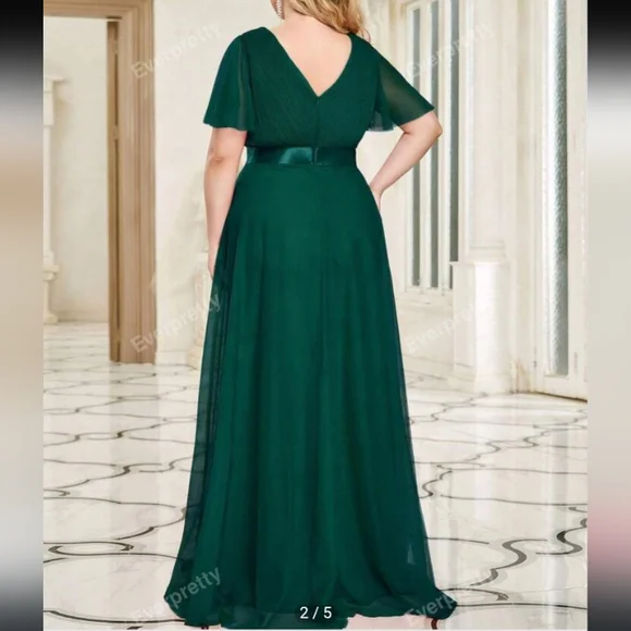 Long Chiffon Empire Waist Bridesmaid Dress with Short Flutter Sleeves ~ Emerald - Picture 2 of 14